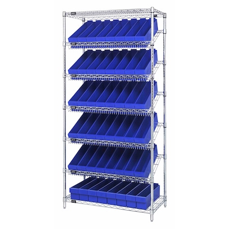 Quantum Storage Systems WIRE SHELVING UNIT W/48 BLUE BINS WRS-7-604BL