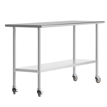 Flash Furniture Reese 24x72 Portable Work Table, SS Top Shelf, Galvanized Steel Undershelf, 4 Casters w/2 Locking NH-WT-2472-CAS-GG