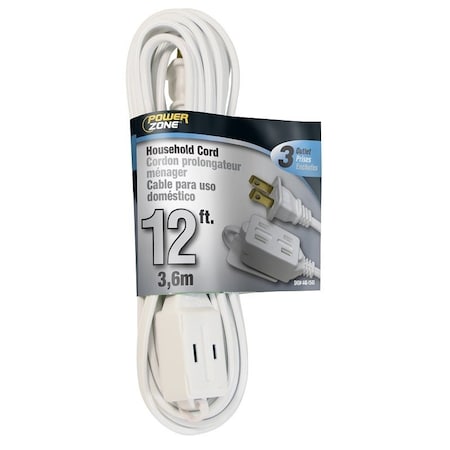 Powerzone SPT-2 Extension Cord, 16 AWG, Indoor, 16/2, 3 Outlets, White, 12 ft OR660612