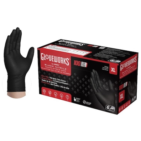 Gloveworks RDT, Disposable Gloves, 6 mil Palm, Nitrile, Powder-Free, XL, Black GWBN48100