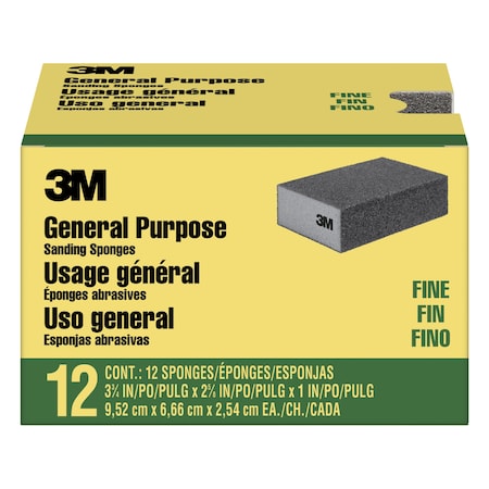 3M General Purpose Sanding Sponge, Block, 3 3/4 in x 2 5/8 in x 1 in, Fine, 4PK CP001-12P