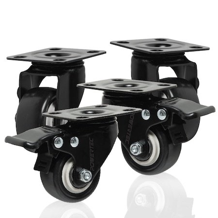 Powertec 2in Caster Wheels Set, 2 w/ Brake, 350 lbs Cap. 360° Swivel, Plate Mounted, PU Castor Wheels 17219