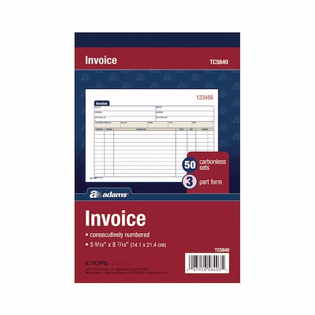 Adams Business Forms Multipart General-Purpose Invoice Pad, Three-Part Carbonless, 7.94 x 5.56, 50 Forms Total TC5840