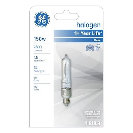 Ge Halogen Bulb, 150 W, E11 Candelabra Lamp Base, T4 Lamp, White Light, 2800 Lumens, 2900 K Color Temp 19386