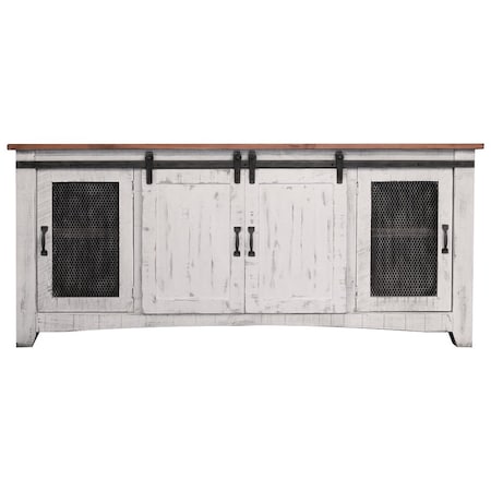Homeroots 79" White Solid Wood Cabinet Enclosed Storage Distressed TV Stand 528707