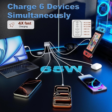 Swe-Tech 3C 6-Port USB C Wall Charger, Fast Charging, 65W 90W1-430BK