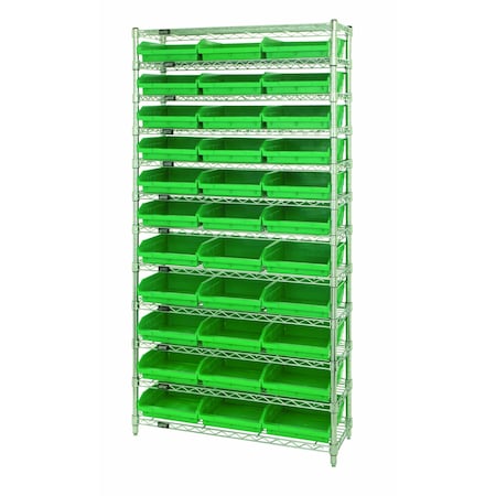 Quantum Storage Systems WIRE SHELVING UNIT W/33 GREEN BINS WR12-116GN
