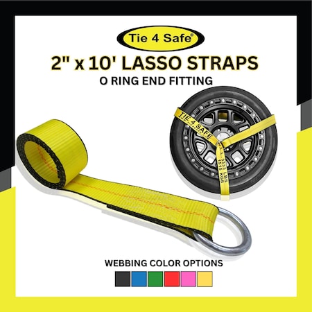 Tie 4 Safe 2'' x 10' Side Mount Wheel Net Tie Down Kit w/ Wire J Hook. WLL: 3,333 LBS Yellow, 4PK RT04CK-5210-W5W9-Y-BW02P-BLK-4
