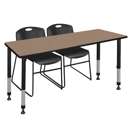 Regency Kee Adjustable Classroom Table W/ 2 Zeng Stack Chairs, 72 in W, 24 in L, Noble Oak MT7224NOAPBK44BK