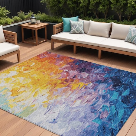 Homeroots 8' X 10' Gold Yellow And Teal Blue Abstract Washable Indoor Outdoor Area Rug 617356