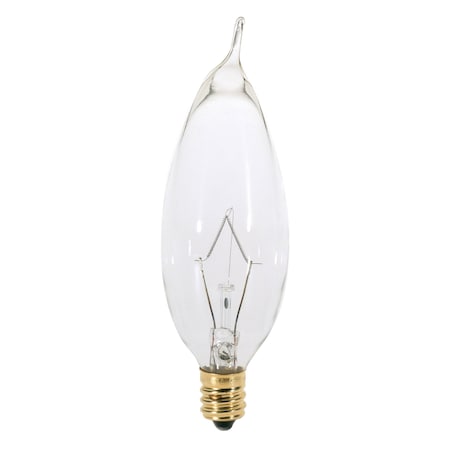 Satco 25W CA8 Incandescent, Clear, 1500 Avg. Hrs, 210 Lu, Candelabra base, 120V, 2-Card S3774
