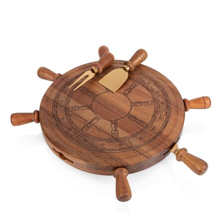 Picnic Time Family Of Brands Helmsman Lazy Susan Cheese Board with Tool Set, Acacia and Gold 904-11-512-000-0