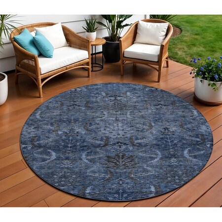 Homeroots 8' Navy Blue And Charcoal Round Damask Washable Indoor Outdoor Area Rug 603325
