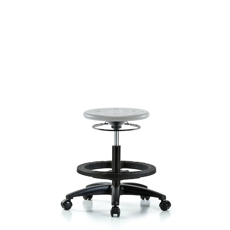 Blue Ridge Ergonomics Huron Polyurethane Stool - Medium Bench Height with Black Foot Ring & Casters in Gray Polyurethane IPMBSO-RG-BF-RC-GRY