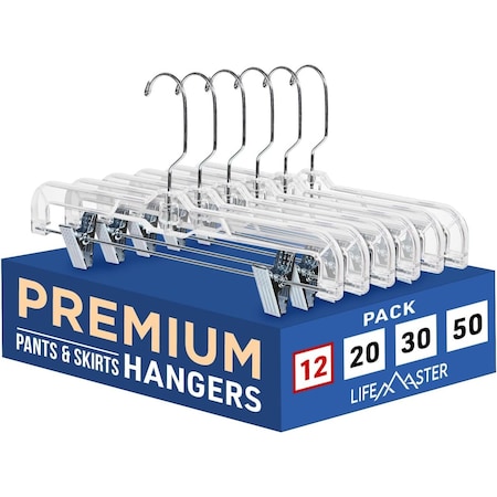 Lifemaster Clear Plastic Hangers, Anti-Slip, Adjustable Clips, 360 Deg Swivel Hook, Clear, 12PK LMSKRT12
