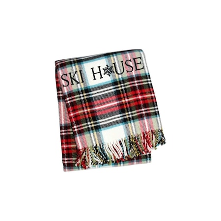 Homeroots 55" X 70" Black Red And White Plaid Cotton Blend Ski House Embroidered Throw Blanket with Fringe 713572