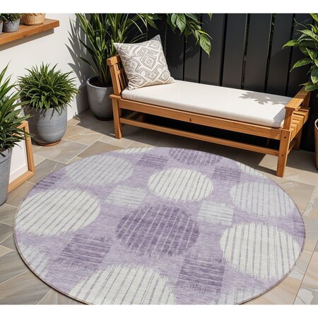 Homeroots 8' Purple And Ivory Round Geometric Washable Indoor Outdoor Area Rug 593626