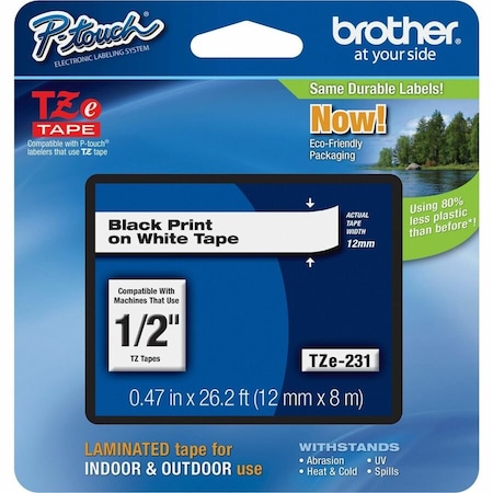 Brother Continuous Label Roll Cartridge, Black/White, Labels/Roll: Continuous TZE231G