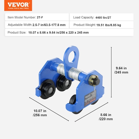Vevor Push Beam Trolley Manual Trolley 4400 lbs/2 Ton Load 2.5"-7" Adjustable 2T-F