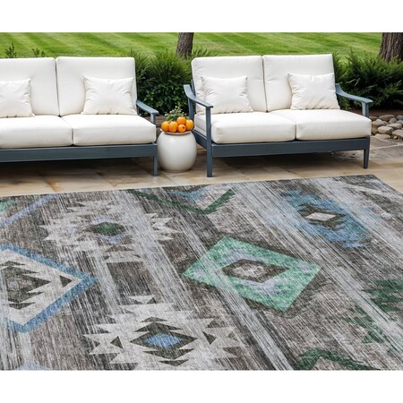 Homeroots 10' X 14' Brown Beige And Blue Southwestern Washable Indoor Outdoor Area Rug 588677