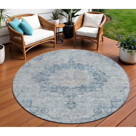 Homeroots 8' Blue Round Floral Medallion Washable Indoor Outdoor Area Rug 607898
