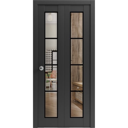 Sartodoors Sliding Closet Bi-fold Doors, Lucia 2466 Matte Black with Clear Glass and Aluminum Strips, Sturdy LUCIA2466BF-BLK-56 x 84 (2* 28x84)