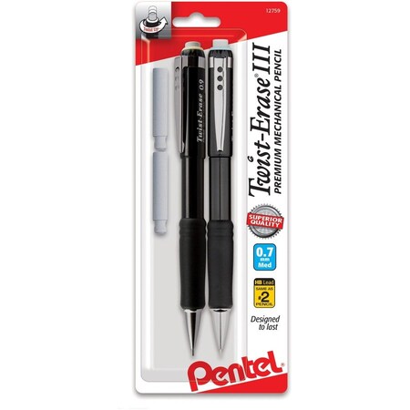 Pentel Twist-Erase III Mechanical Pencil, 0.7 mm, HB #2, Black Lead, Assorted Barrel Colors, 2PK QE517BP2-K6