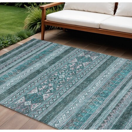 Homeroots 10' X 14' Teal Blue Ivory And Gray Southwestern Washable Indoor Outdoor Area Rug 582865