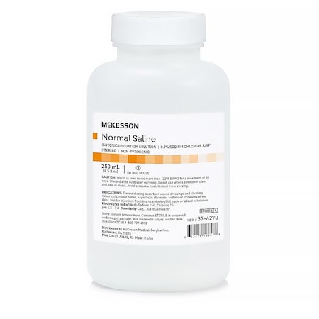 Mckesson Irrigation Solution 0.9% Sodium Chloride Not for Injection Bottle, Screw Top 250 mL, 24PK 37-6270