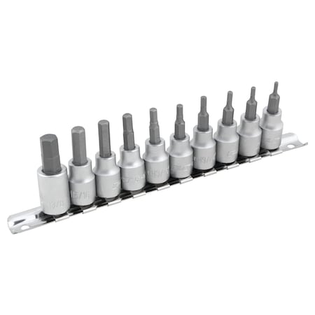 Performance Tool 10 pc. 3/8 in. Dr. SAE Hex Bit Socket Set, Chrome Vanadium, Storage Rail W1387