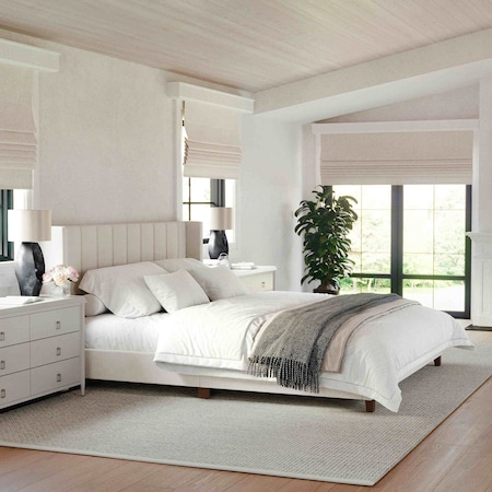 Martha Stewart Kay King Upholstered Platform Bed w/Channel Stitched Wingback Headboard/Cushioned Siderails, Beige TW-3WDB03-K-BG-MS