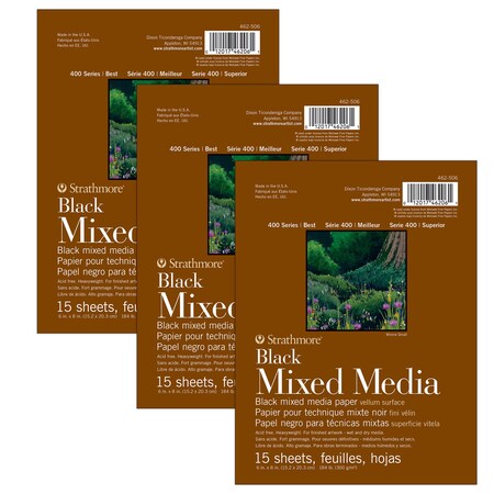 Strathmore 400 Series Mixed Media Pad, Black, Glue Binding, 15 Sheet, 6x8 inch, 3PK P462-506-06