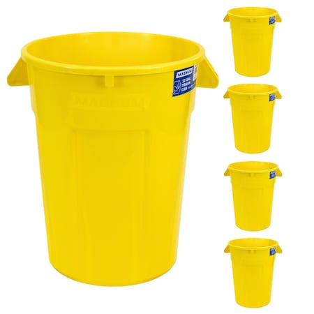 Magnum Tool 32 Gallon Trash Can, High-Vis Yellow, Construction Grade, Heavy Duty Plastic (5 Pack) CMTC-C000-32Y05