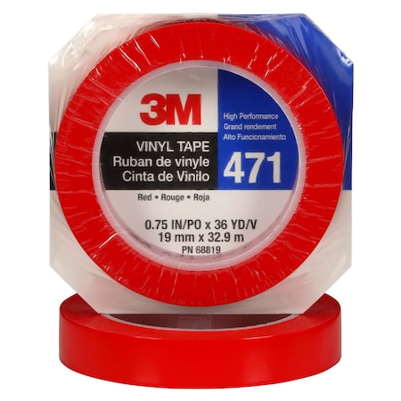 3M Floor Marking Tape, vinyl, Solid, Red, 3/4 in W., 5.2 mil Thickness 471