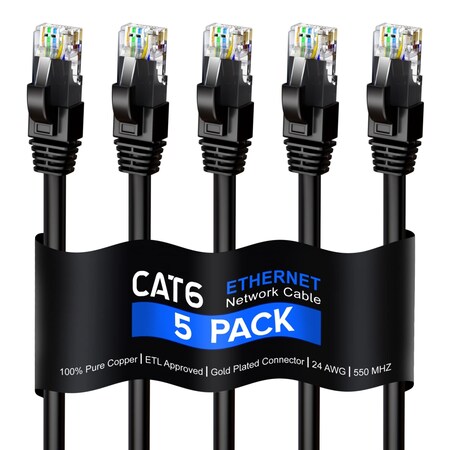 Maximm 25ft Cat6 Round LAN Patch Cable, 5PK, Black, 5PK CAT625FT5PKBlack