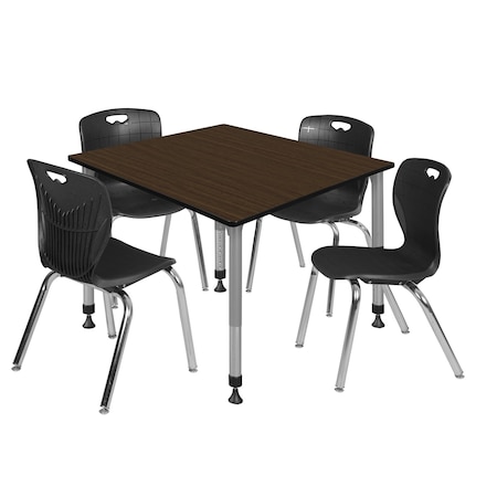 Regency Square Kee Adjustable Classroom Table W/ 4 Andy Stack Chairs, 48 in W, 48 in L, Neo Walnut TB4848NWAPGY40BK