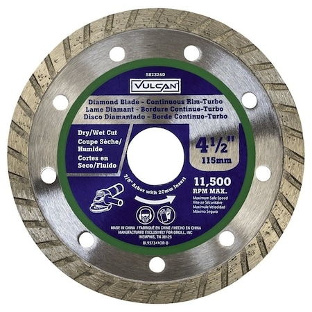 Vulcan Continuous Turbo Diamond Blade, 4.5 in Dia, 7/8 in Arbor 937341OR