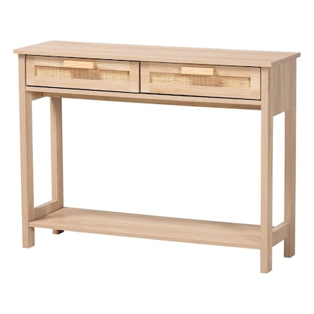Baxton Studio Sebille Mid-Century Modern Light Brown Finished Wood 2-Drawer Console Table with Natural Rattan 207-12465