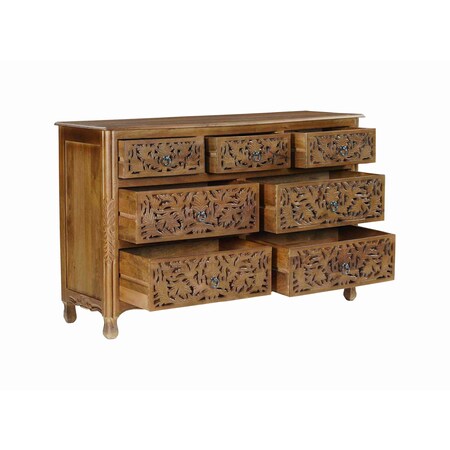 Homeroots 57" Brown Carved Floral Solid Wood Seven Drawer Dresser 720637