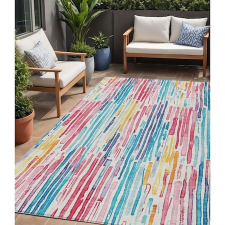 5' X 8' White Pink And Teal Blue Striped Washable Indoor Outdoor Area Rug
