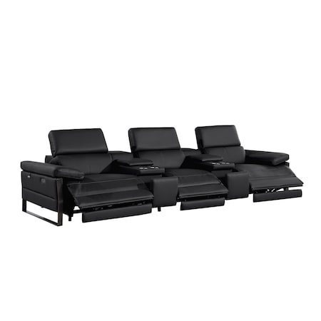 Homeroots 129" Black Top Grain Leather Reclining Metal USB Sofa 720342