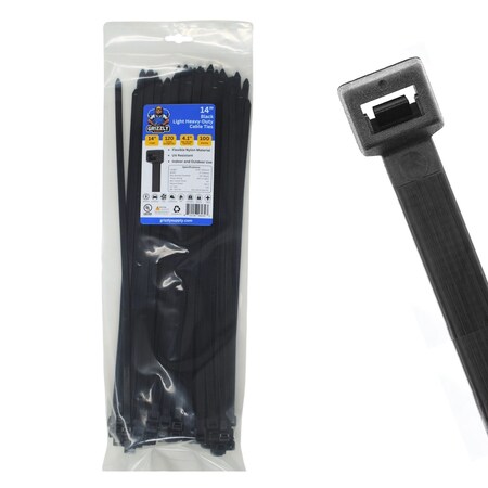 Grizzly Supply Cable Tie, 14 in L, 120 lb Strength, 4.0 in Max Bundle Dia, Nylon 6/6, UV Resistant, Black, 100PK GS-LHD14-120-0C