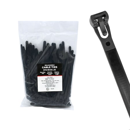 Cable Ties Unlimited Releasable Cable Tie, 6 in L, 50 lb Strength, 1.4 in Max Bundle Dia, Nylon, UV-Rated, Black, 100PK RT6-50-0C-.30