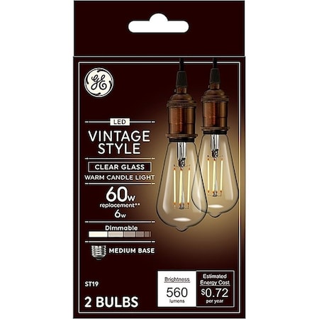 Ge Industrial Solutions 36566 LED Bulb, Decorative, ST19 Lamp, E26 Lamp Base, Dimmable, Clear, Warm White Light, 2PK 93129871