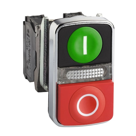 Square D ILLUMINATED DOUBLE HEADED PUSH BUTTON, METAL 1 GREEN FLUSH I + 1 PILOT LIGHT + 1 RED PROJECTING O XB4BW73731B5