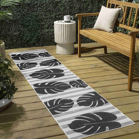 Jonathan Y Allison Classic Beach Stripe and Monstera Leaf Black/Gray 2 ft. x 8 ft. Indoor/Outdoor Runner Rug TSN400B-28