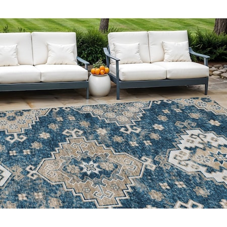 Homeroots 8' X 10' Navy Blue Beige And Ivory Medallion Washable Indoor Outdoor Area Rug 589011