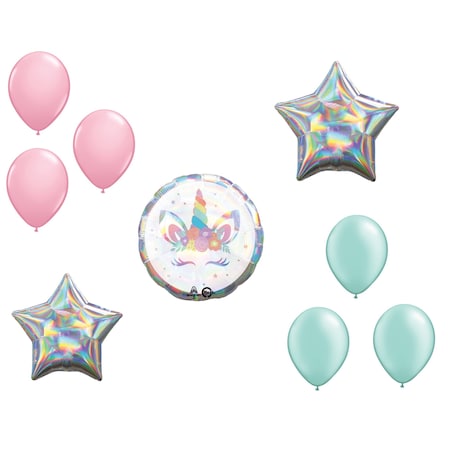 Loonballoon Unicorn Theme Balloon Set, Unicorn Party Holographic Balloon, 2x Star foil and 6x latex balloons 86360