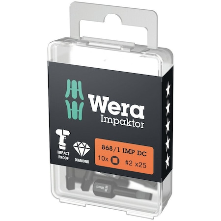 Wera 868/1 IMP DC DIY Impaktor square head socket bits, # 2 x 25 mm, 10 pieces 5057631001