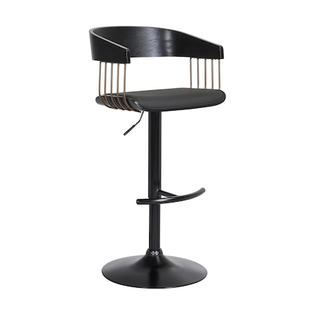 Armen Living Larisa Adjustable Black Wood Bar Stool in Black Faux Leather with Golden Bronze and Black Metal LCLABABLKBLK